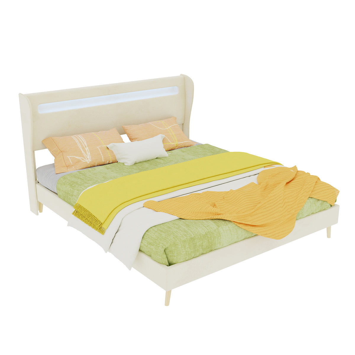 Modern Upholstered Bed with LED Headboard & Mattress, 160x200cm, Beige