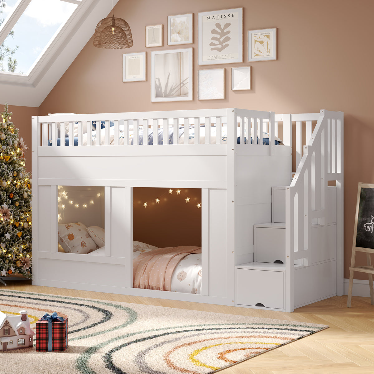 Children's Bunk Bed 90x200cm with Staircase Wardrobe, White