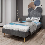 Bed, Upholstered with Cartoon Headboard, Low-Profile Non-Storage, Grey