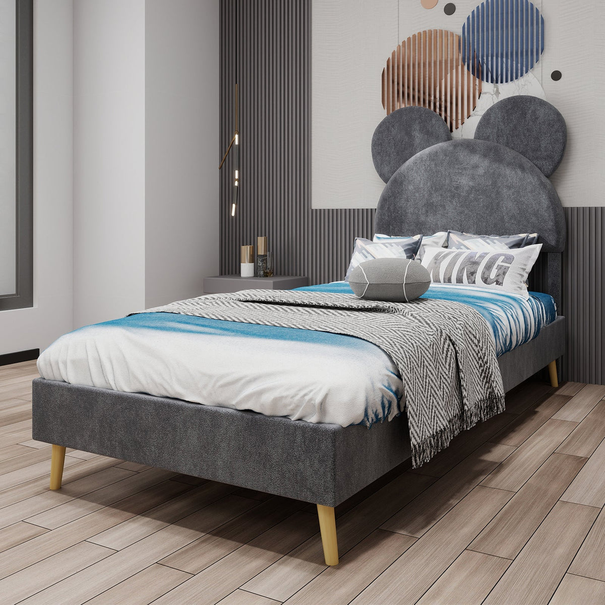 Bed, Upholstered with Cartoon Headboard, Low-Profile Non-Storage, Grey
