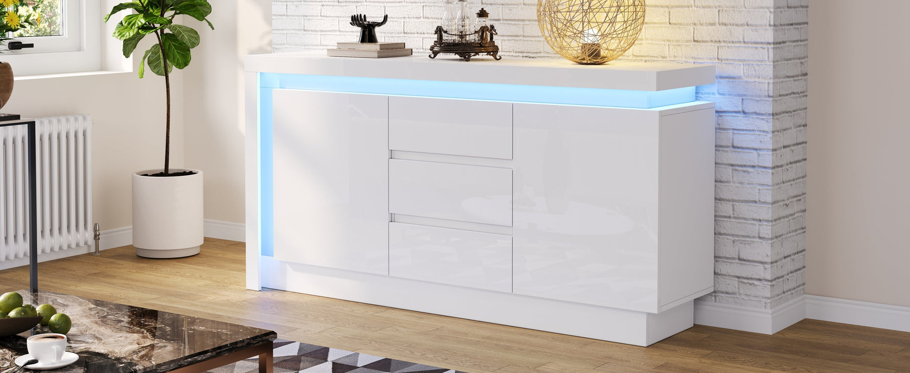 Sideboard, 140x35x72cm, 3 Drawers, 2 Doors, Adjustable Shelves, LED, High-Gloss White