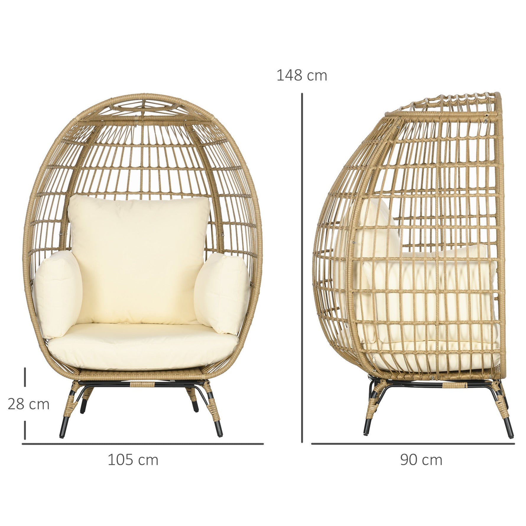 Rattan Chair Basket Shape with Seat Cushion Raised Garden Khaki Metal