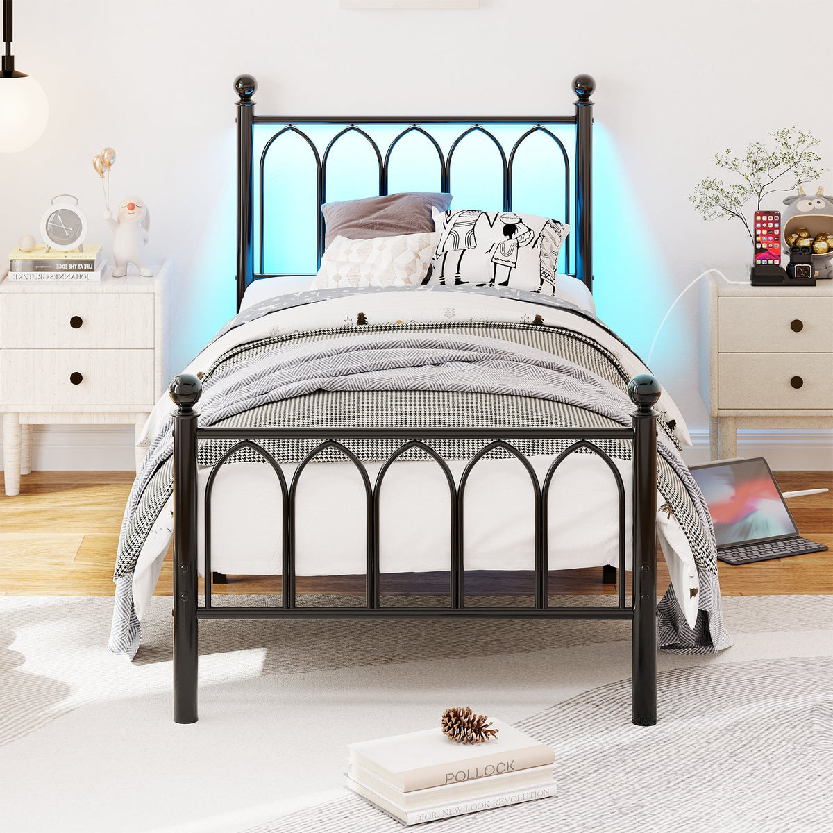 Metal Bed Frame with USB, LED, Vintage Headboard and Footboard, Black