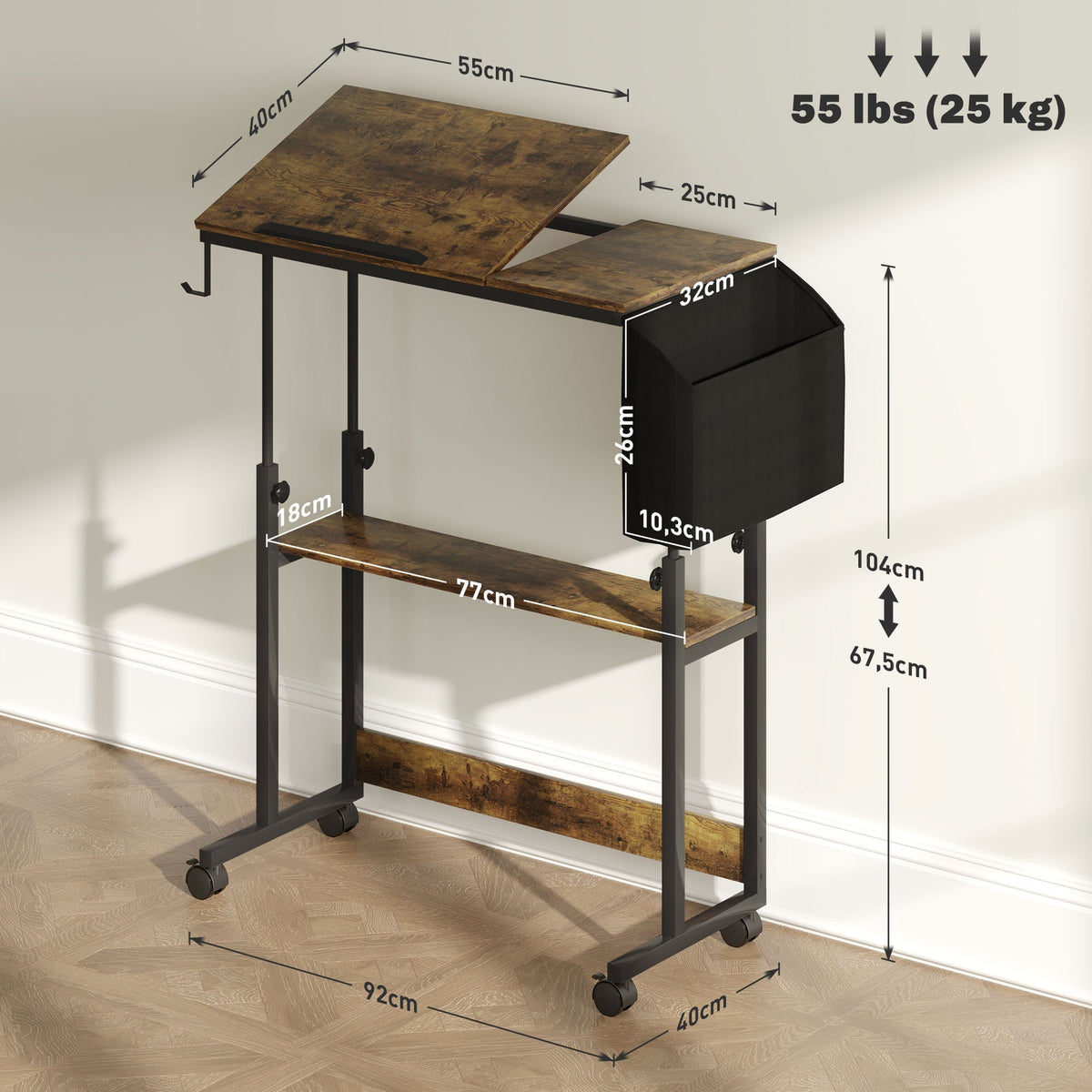 Height-Adjustable Desk, 92 x 40 cm, Tilting, Storage, Rustic Brown Steel