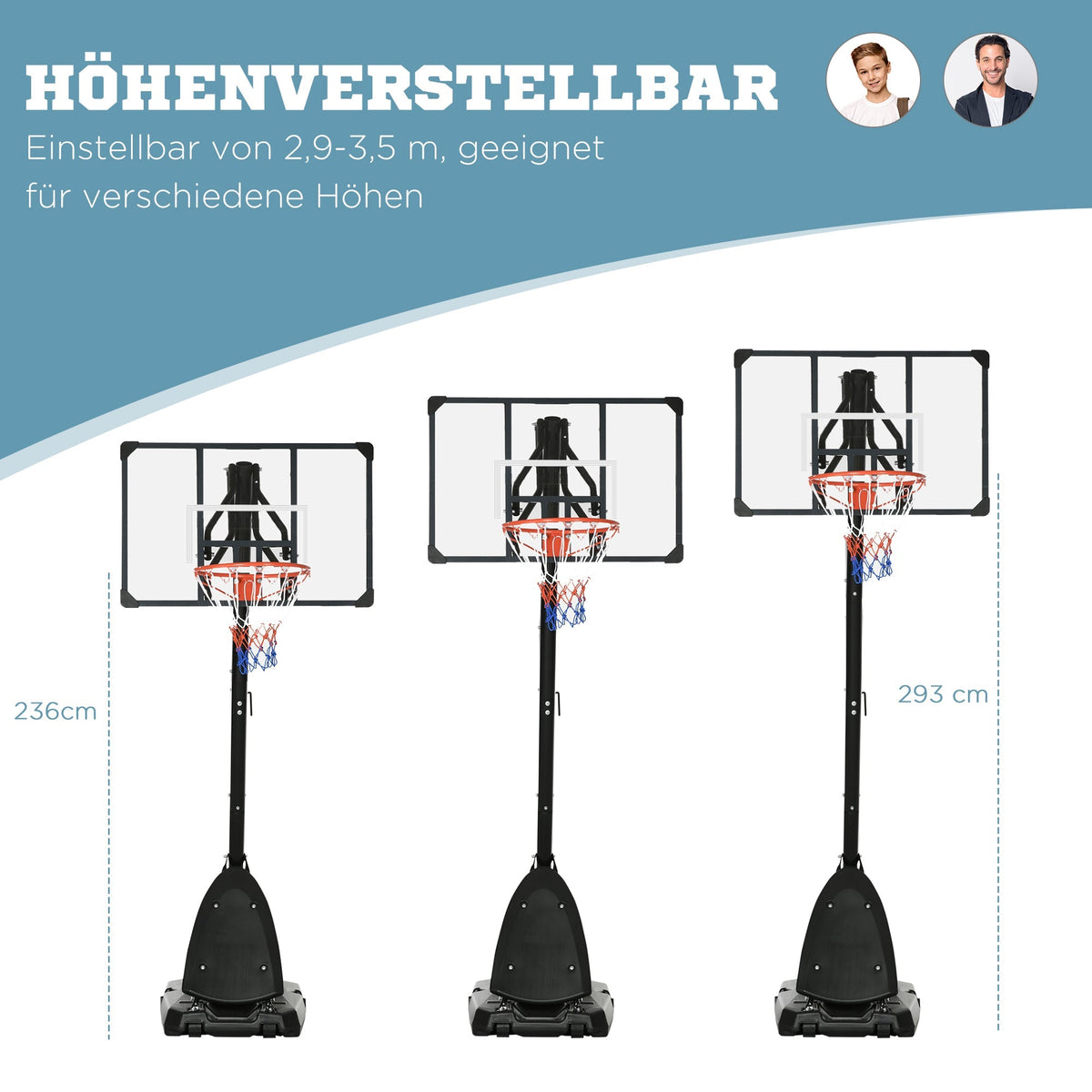 Basketball Stand, Height-Adjustable Rollable, Steel