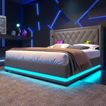 Upholstered Double Bed, 140*200 cm, Hydraulic Storage with USB & LED, Gray Cotton