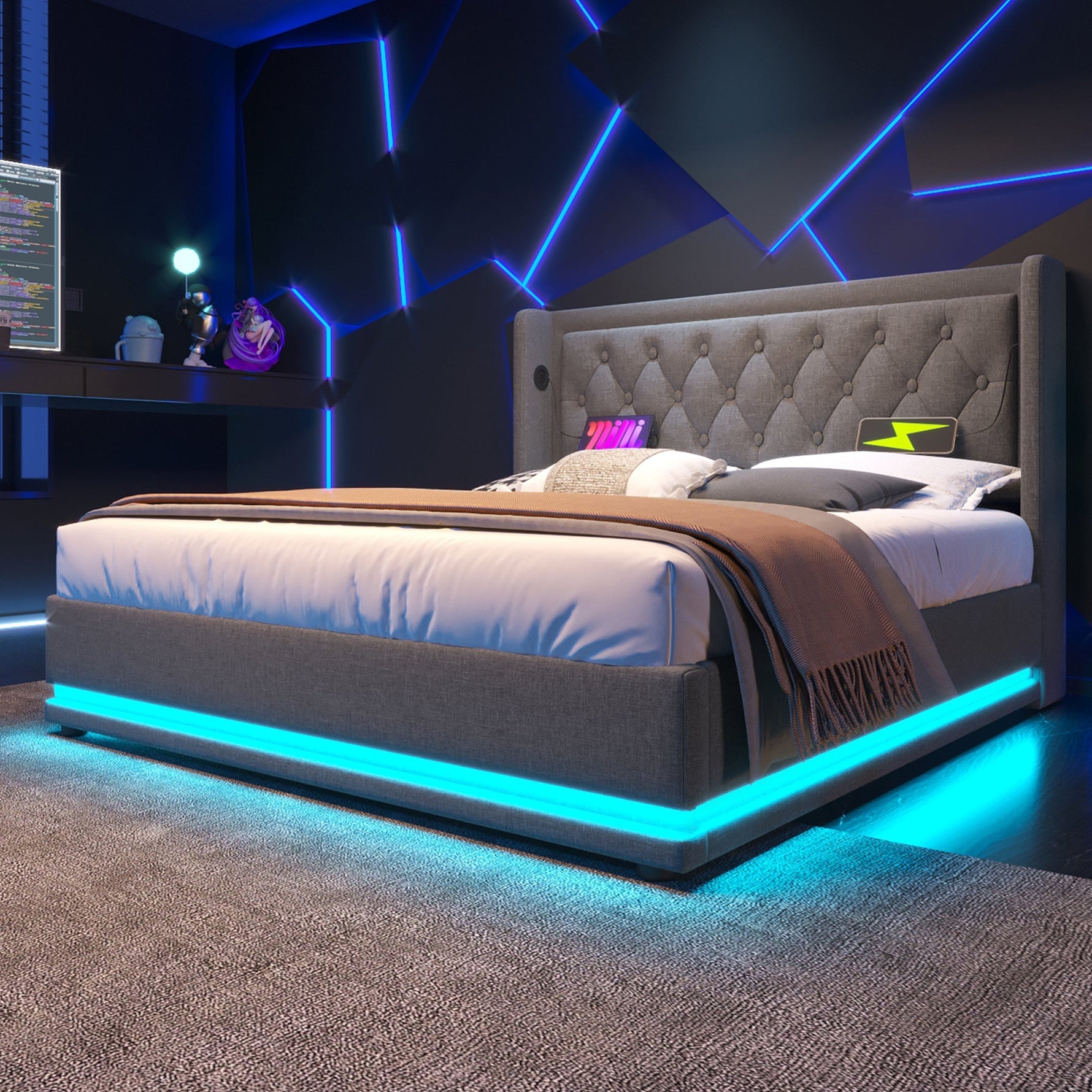 Upholstered Double Bed, 140*200 cm, Hydraulic Storage with USB & LED, Gray Cotton
