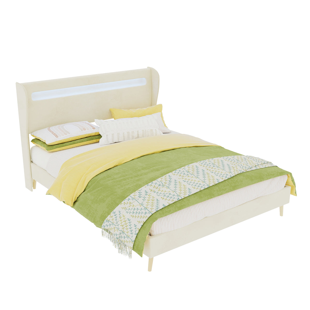 Upholstered Bed with LED Headboard & Mattress 140x200 cm, Beige