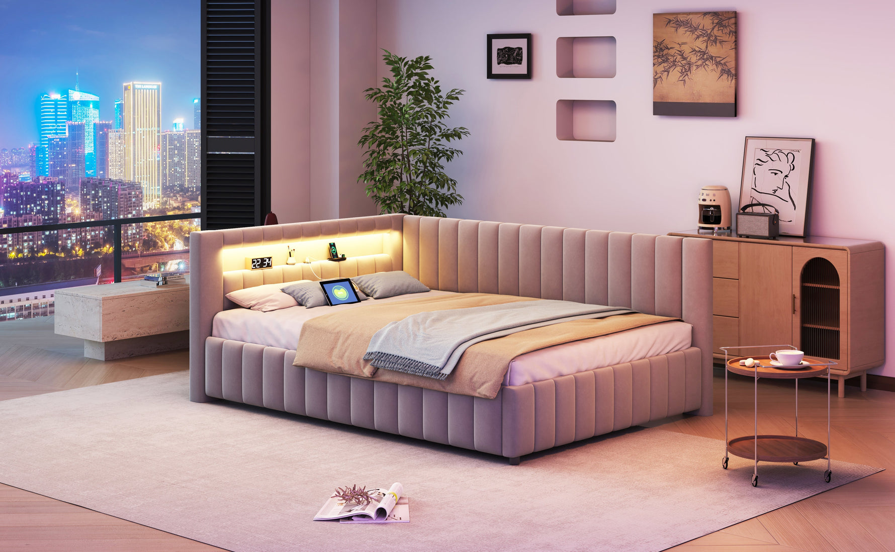 Sofa bed 140x200, LED light USB port, velvet grey