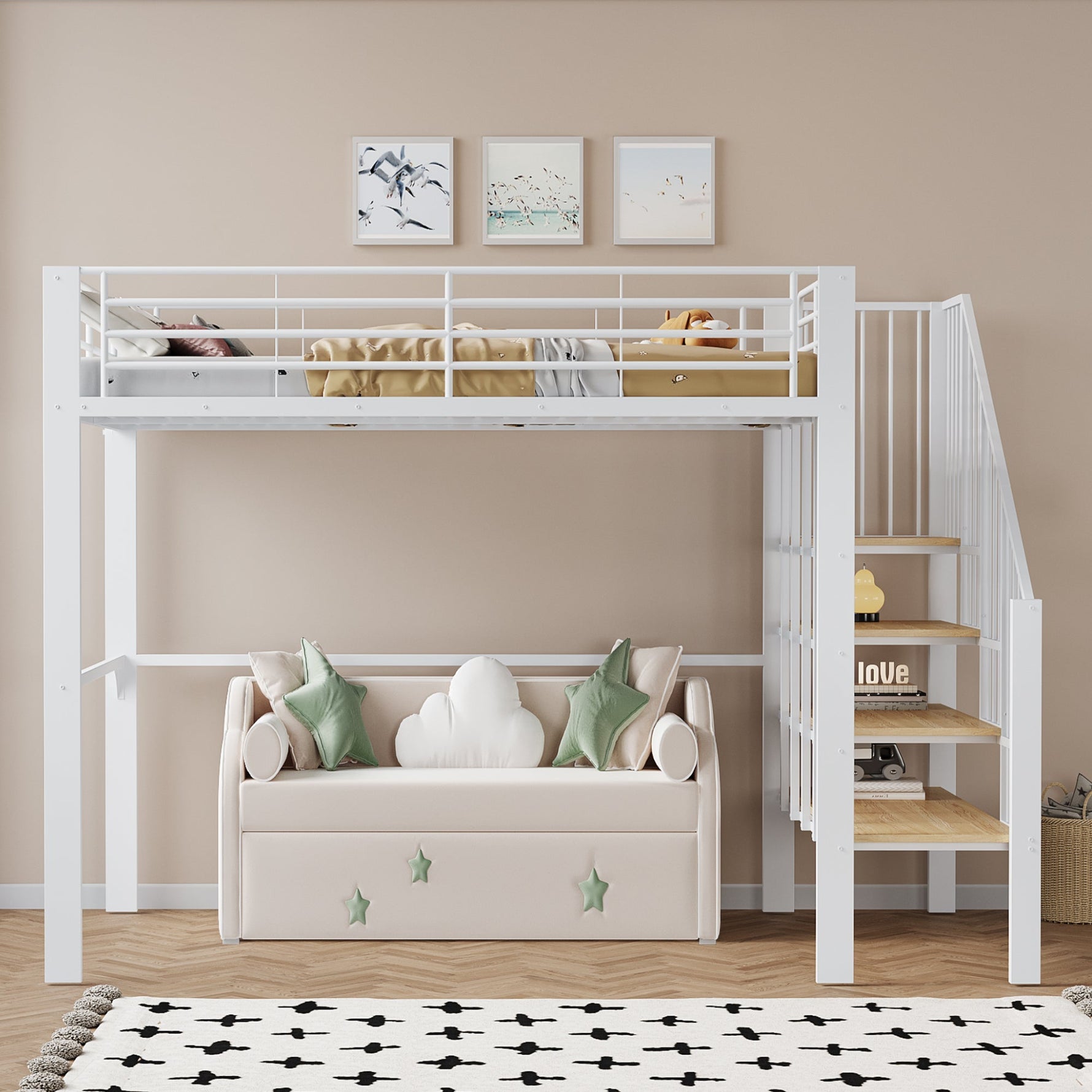 Loft Bed 140x200 Metal Construction, Storage Space, Stairs