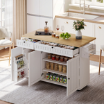 Kitchen Island Cabinet, Fold-Down Worktop Drawers Casters, White