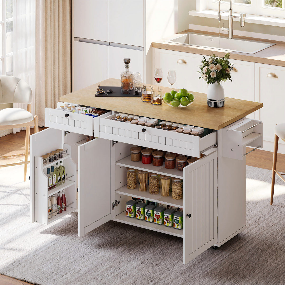 Kitchen Island Cabinet, Fold-Down Worktop Drawers Casters, White