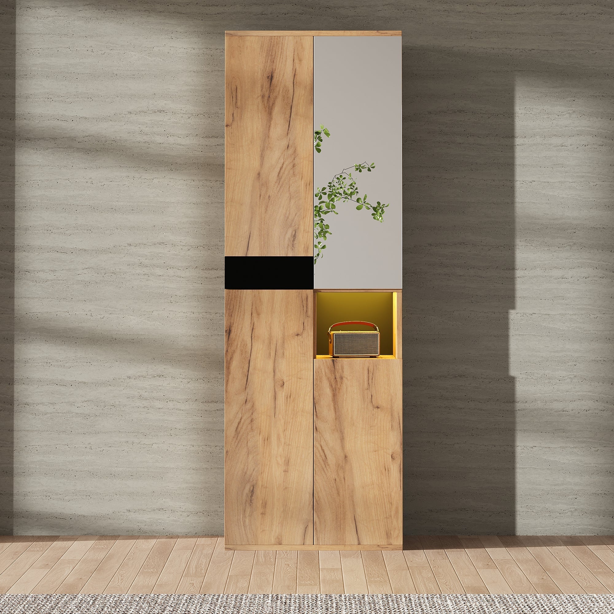 Tall Wardrobe Mirror Four Doors Open Storage Black/Natural Wood Finish