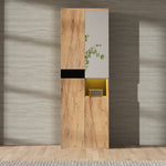Tall Wardrobe Mirror Four Doors Open Storage Black/Natural Wood Finish