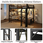 Loft Bed 140x200cm with Desk, LED Light & Shelves, Black Iron