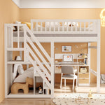 Solid Wood Bed, 140x200 with Stairs & Storage, High Railing, White