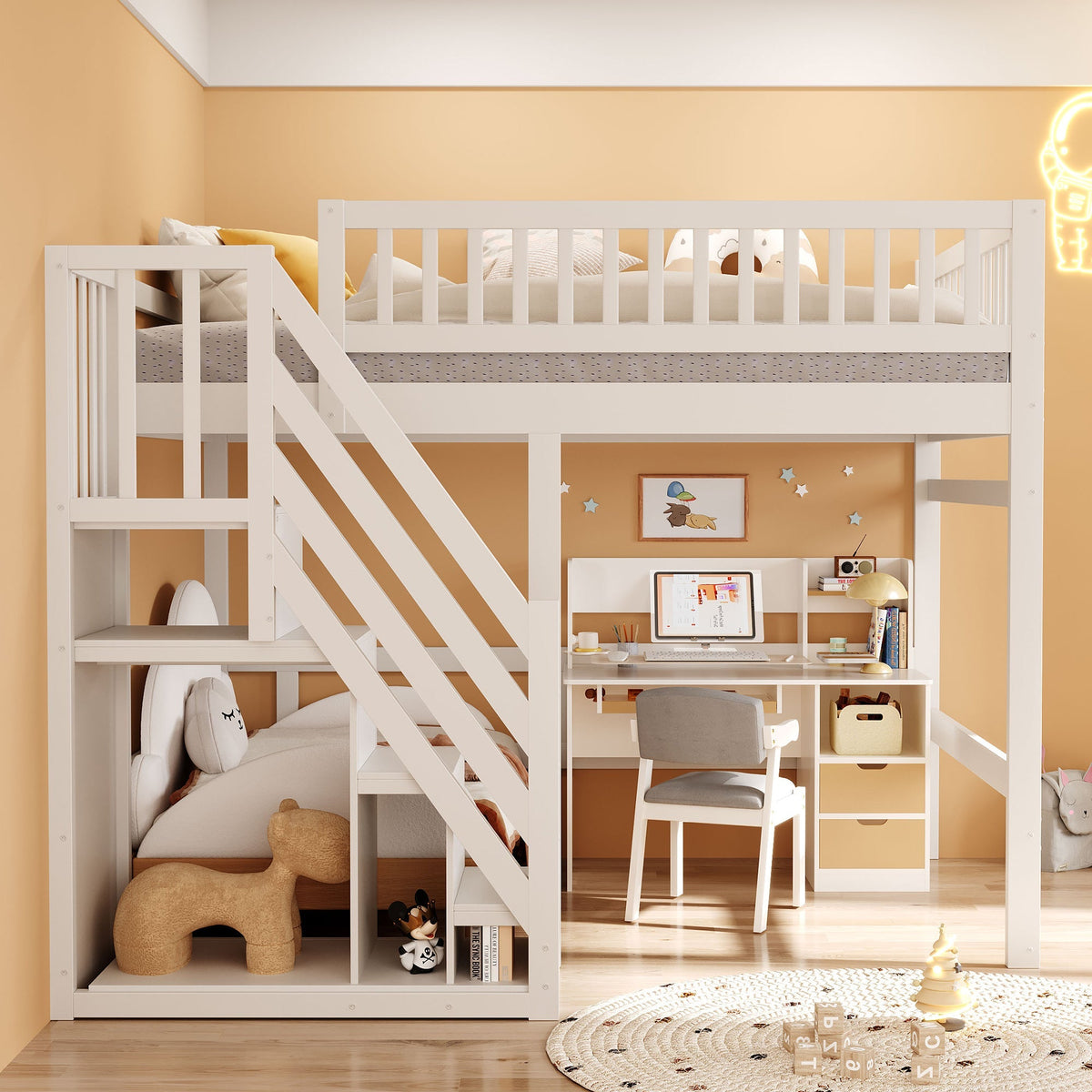 Solid Wood Bed, 140x200 with Stairs & Storage, High Railing, White