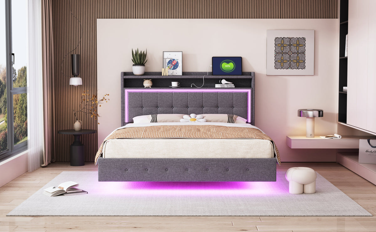 Upholstered Bed 140x200, USB & LED Light, Linen Fabric Gray