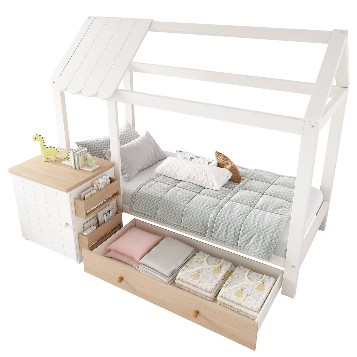 House Bed Children's Bed 90x200cm Solid Wood with Drawers & Removable Nightstand - White & Oak White