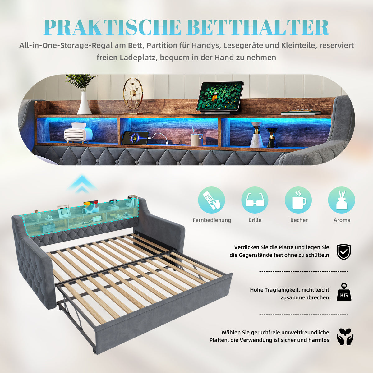 Extendable Sofa Bed 90x200cm with LED & USB, Beige Velvet