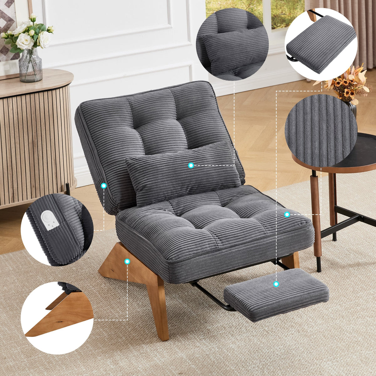 Lounge Chair Adjustable Backless Footrest Lumbar Cushion Wooden Legs, Fabric