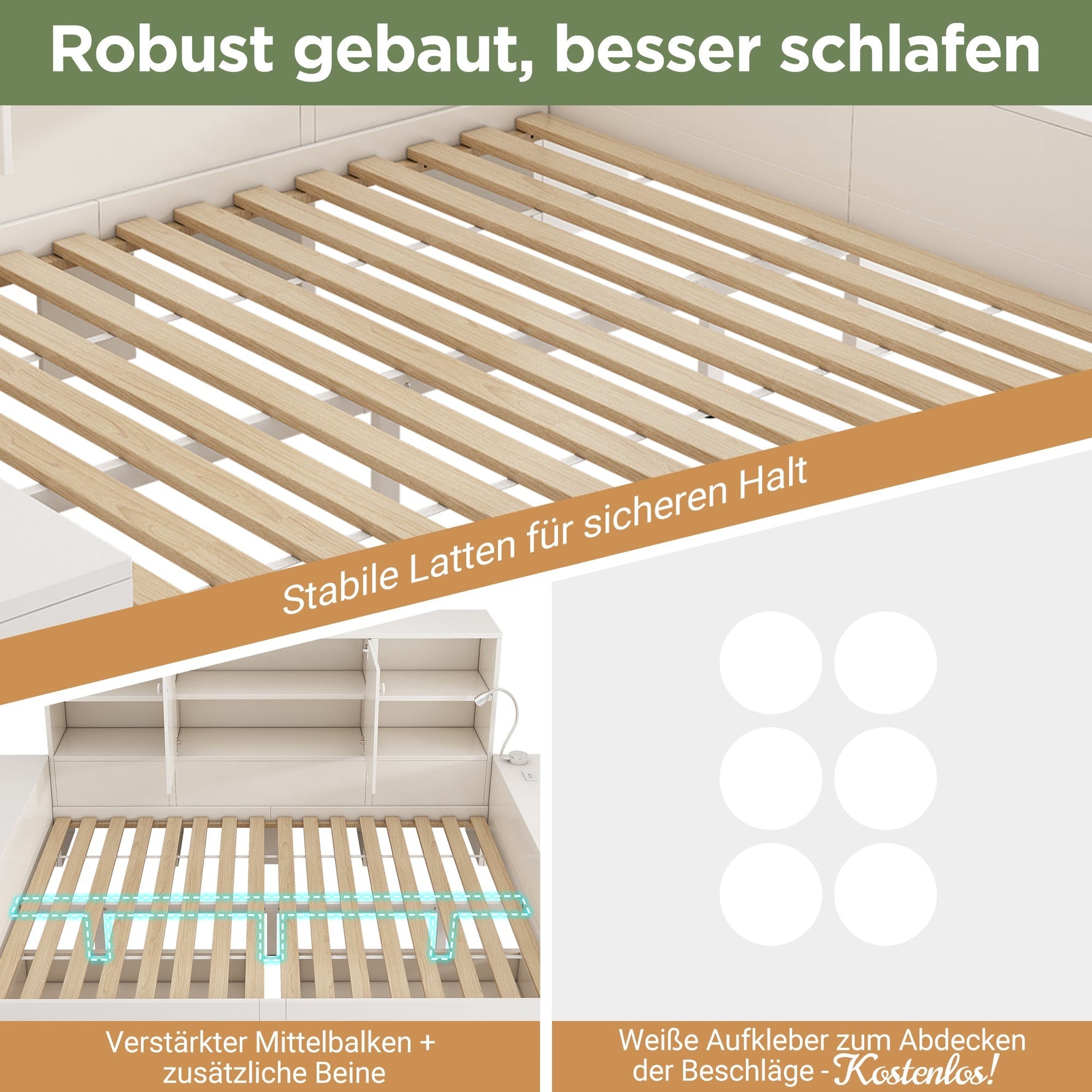 Storage Bed 140x200cm with Drawers, Double Doors and USB/USB-C Ports, White Wood