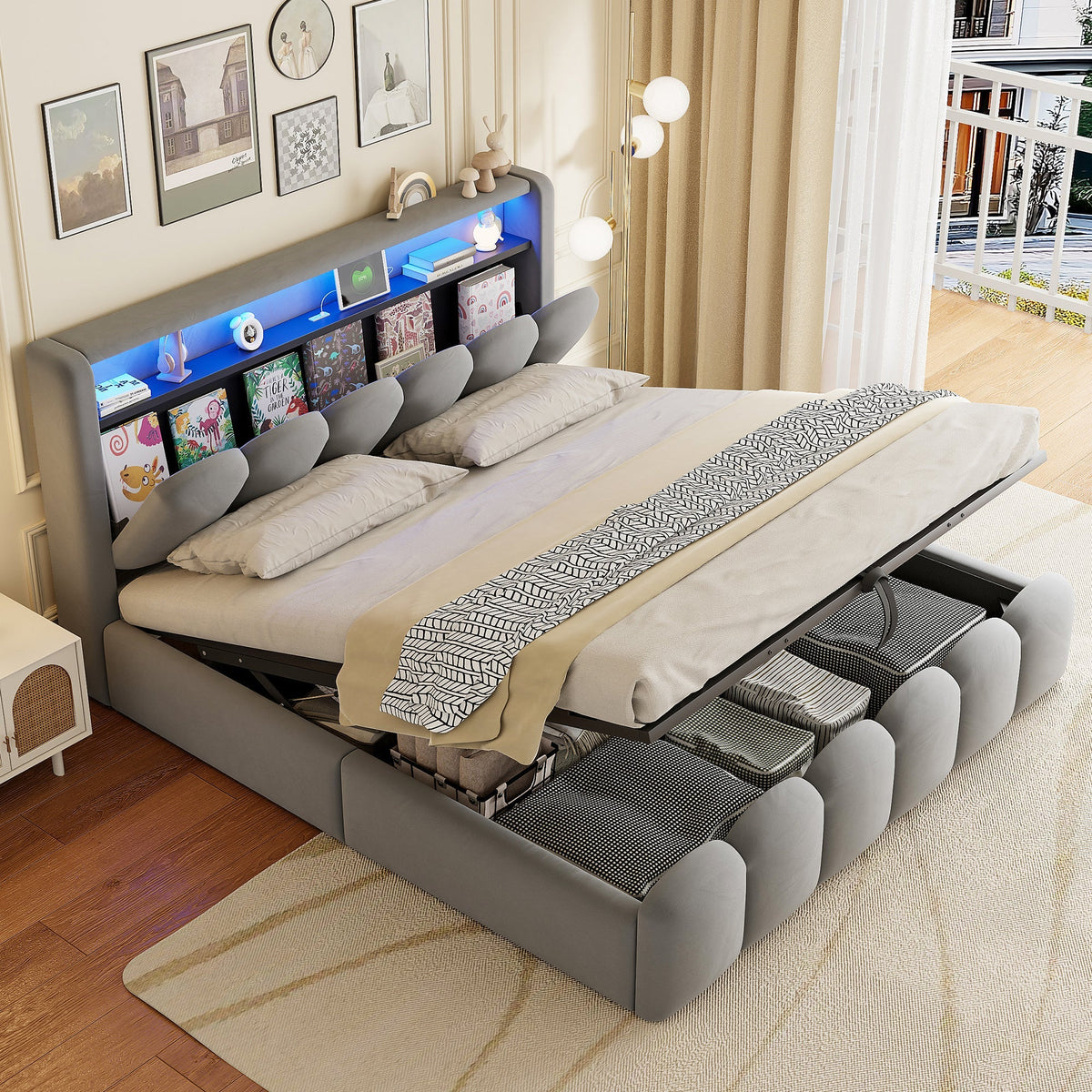 Upholstered Bed 180x200 Hydraulic Storage Headboard USB LED, Velvet Grey