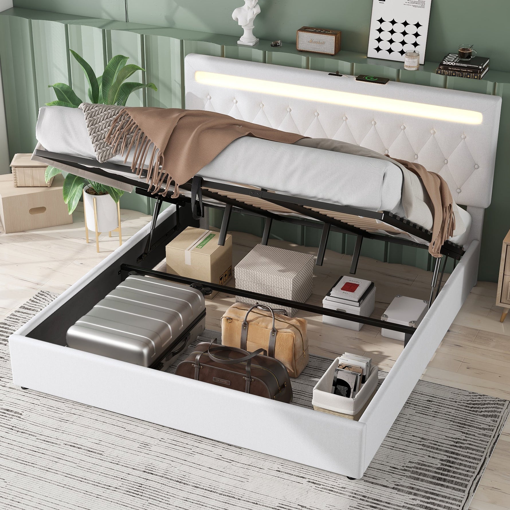 Upholstered Bed 180x200cm Hydraulic Storage LED USB - White