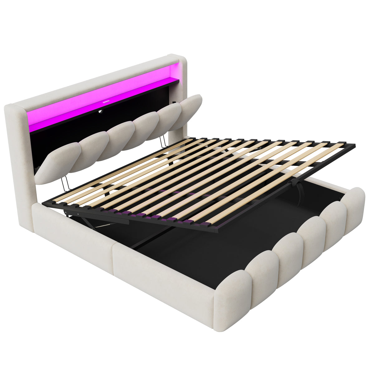 Upholstered Bed 180x200cm with Storage & LED, Beige Velvet