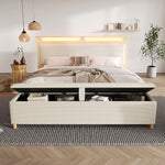 Wooden Bed 160x200cm with Bench, Storage Headboard & LED, Light Oak