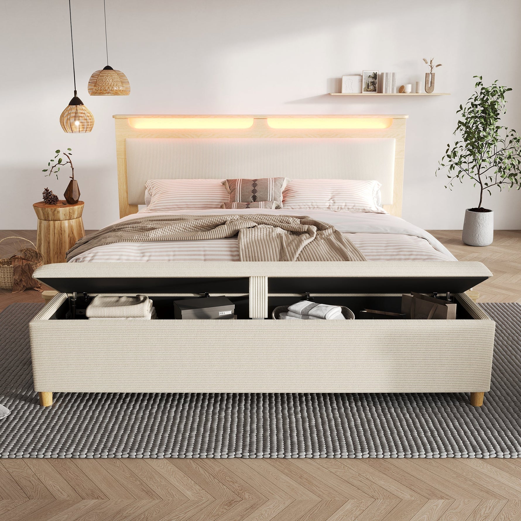 Wooden Bed 160x200cm with Bench, Storage Headboard & LED, Light Oak