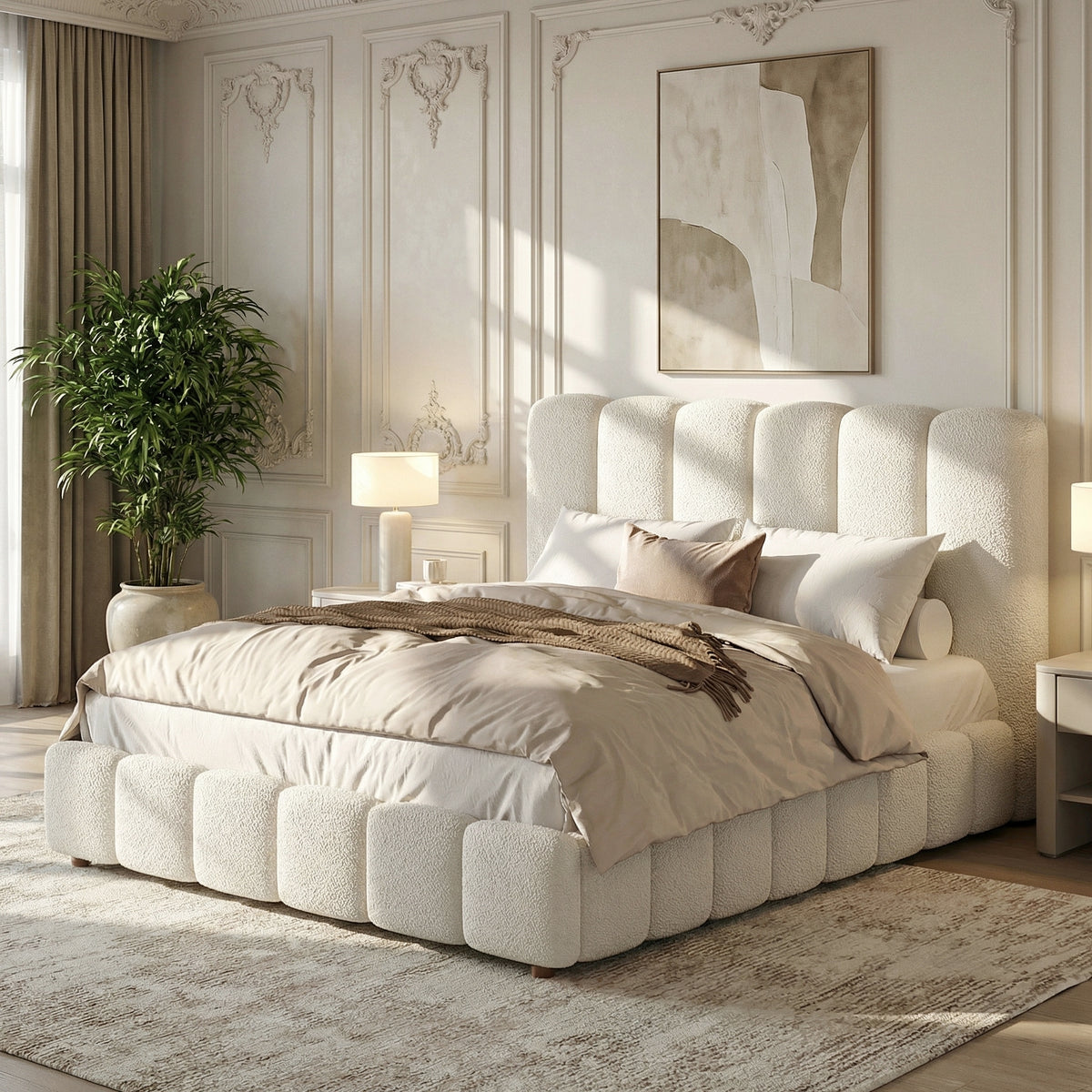 Upholstered Double Bed 140x200cm Hydraulic Storage White Bouclé