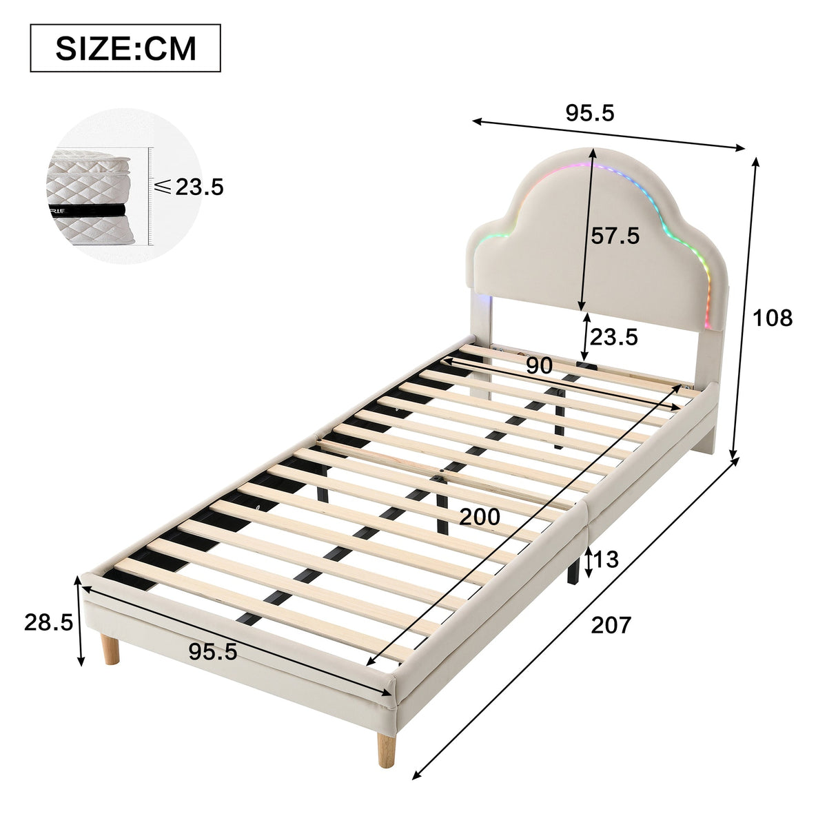 Upholstered Bed 90x200cm LED Cloud Headboard Single, Velvet Beige