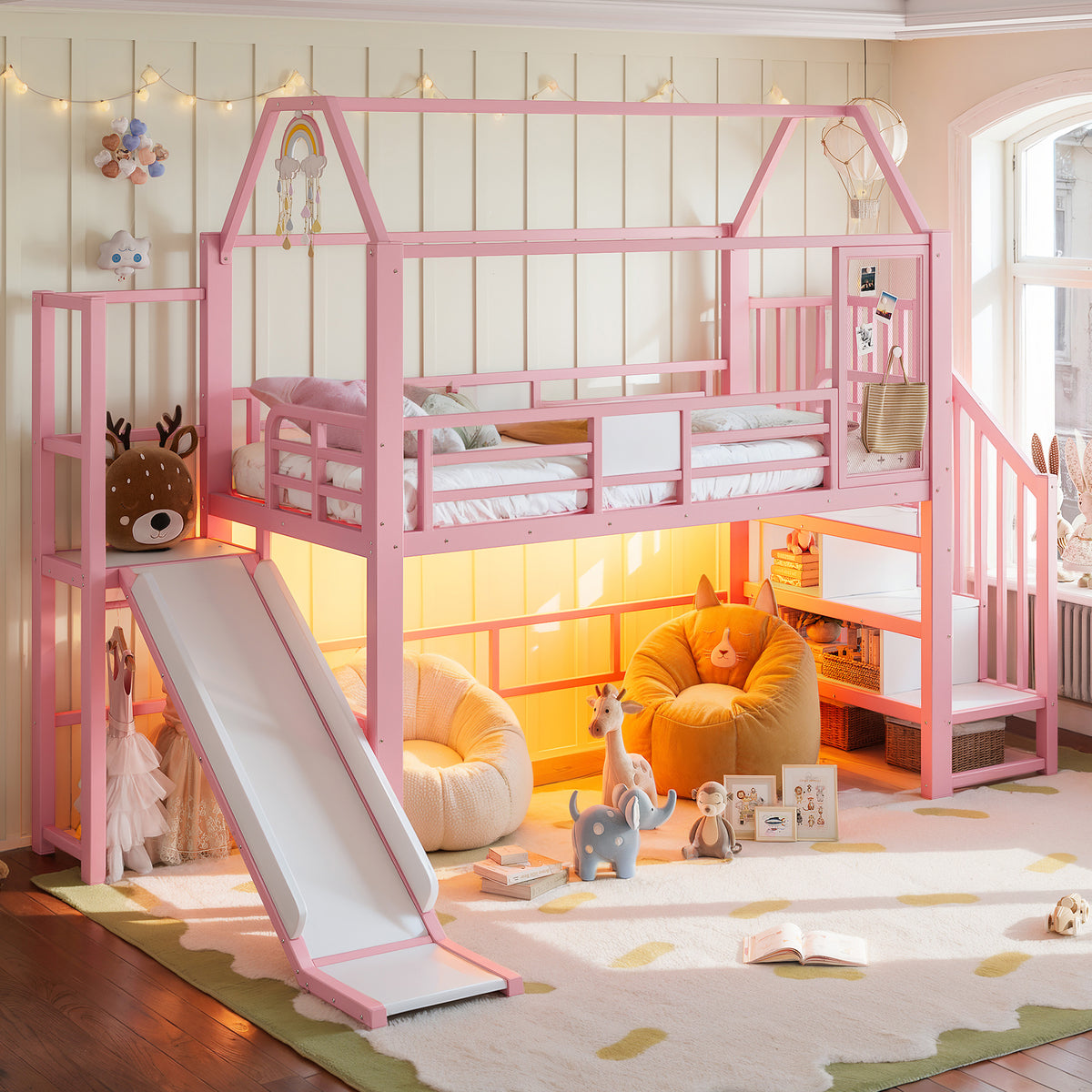 Bunk Bed 90x200cm with Desk, USB & Shelves - White Metal