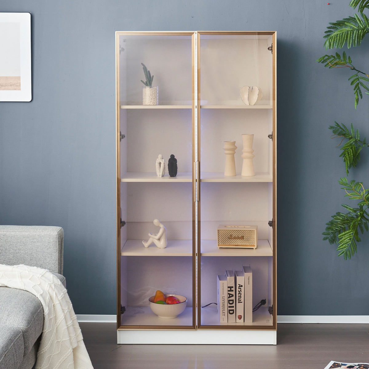 Glass Display Cabinet, 16-Color LED Lighting, Movable Shelves, 80x40x160cm, Freestanding, Glass