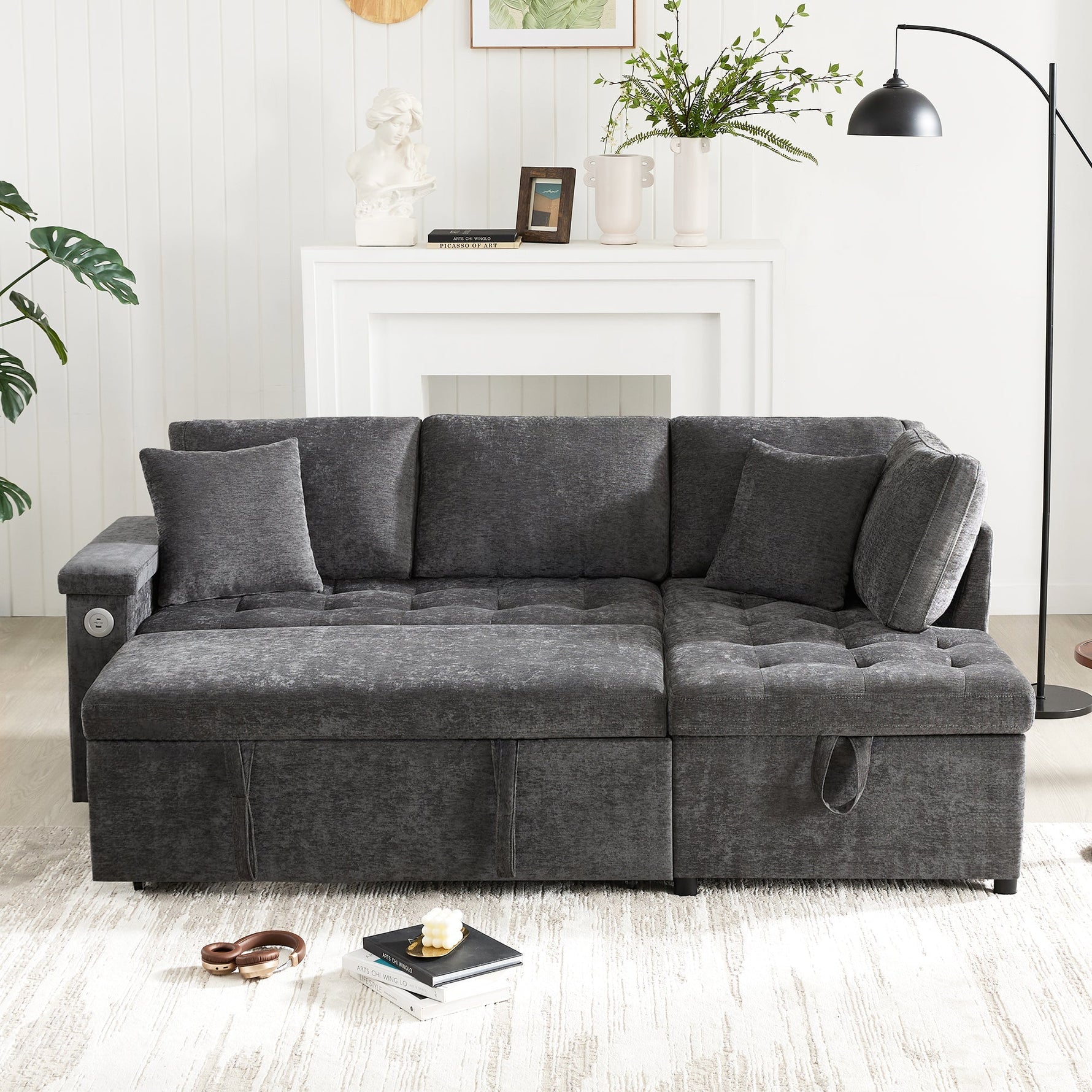Modern L-shaped Sofa Bed, Pull-out Storage USB Charger Armrest Shelf, Grey