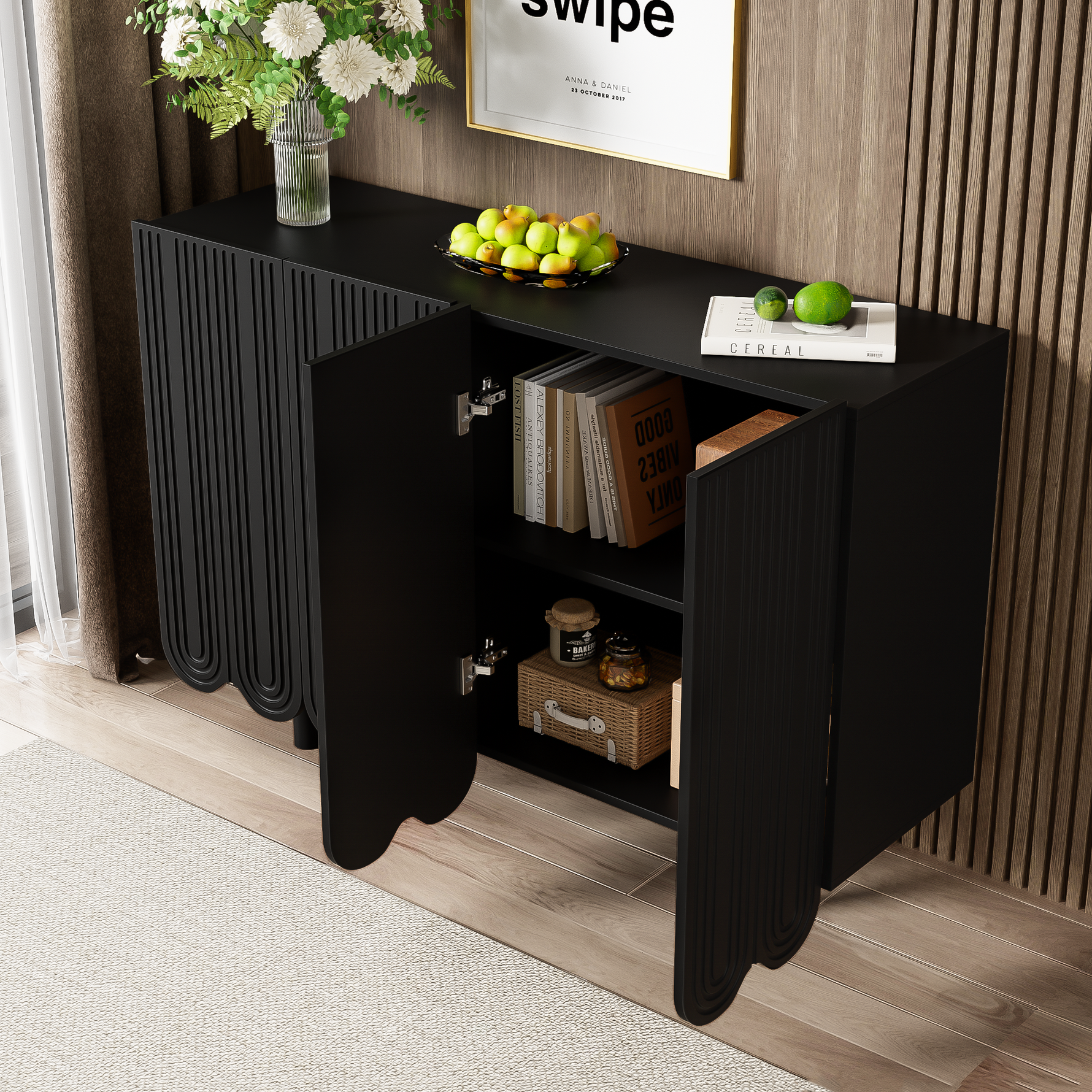 Sideboard with Teardrop-Shaped Molded Doors and Buffer Hinges