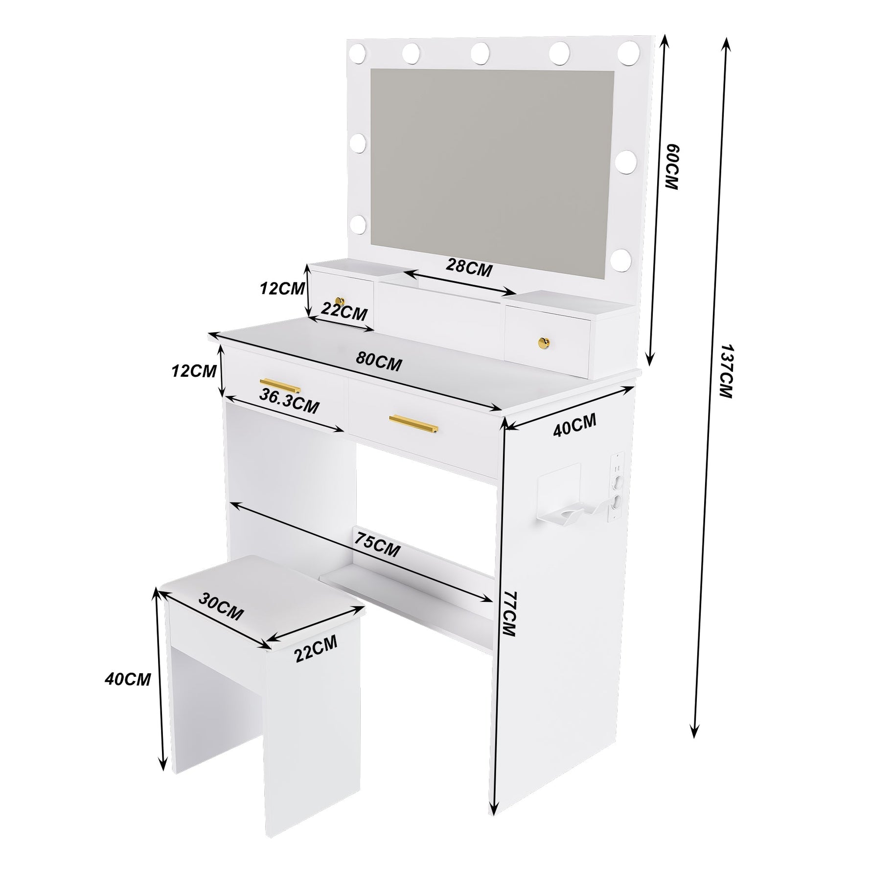 Dressing Table with LED Light, Power Outlet, 4 Drawers & Stool, White