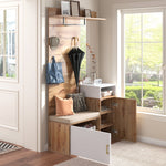 Wardrobe Set with Mirror, Shoe Cabinet, Coat Rack, Bench, Hooks - White and Wood-colored