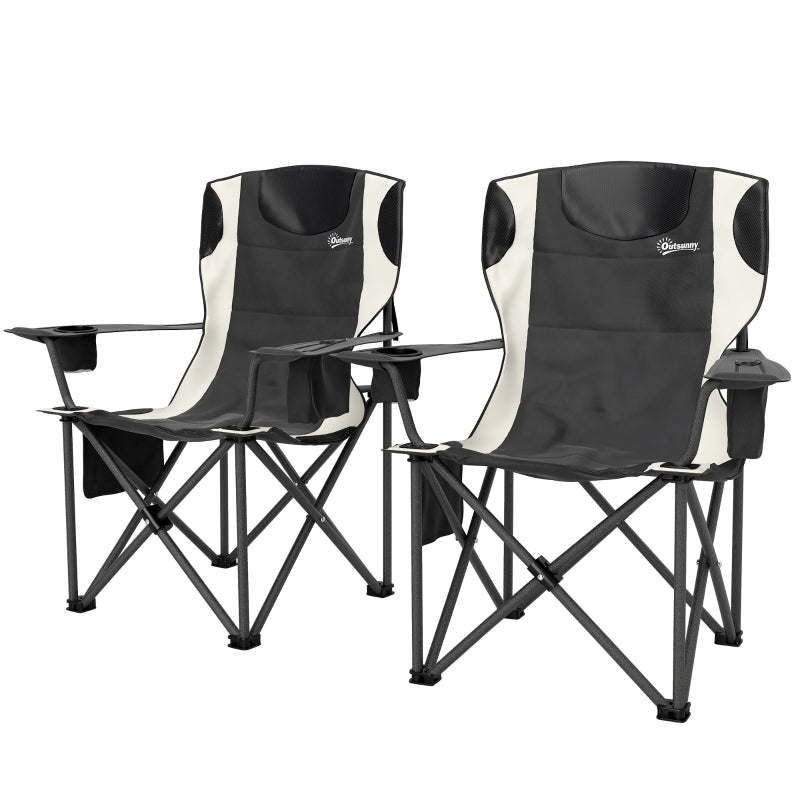 Folding Chairs, Set of 2, Camping with Armrests, Cup Holder, Headrest, Cooler Bag, Padded, Metal/Fabric