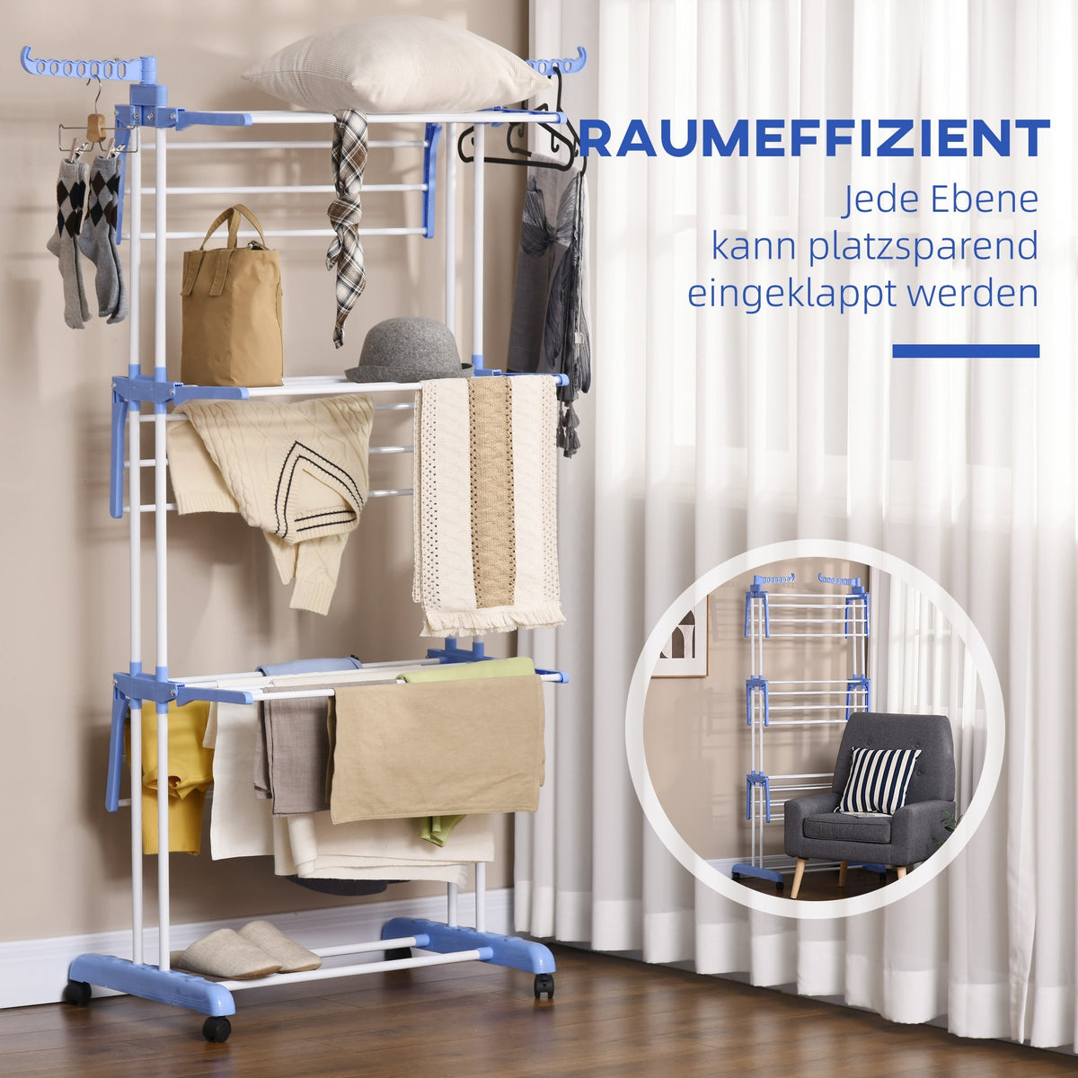 Clothes Dryer Tower, Extendable 4 Levels with Wheels, Steel Blue