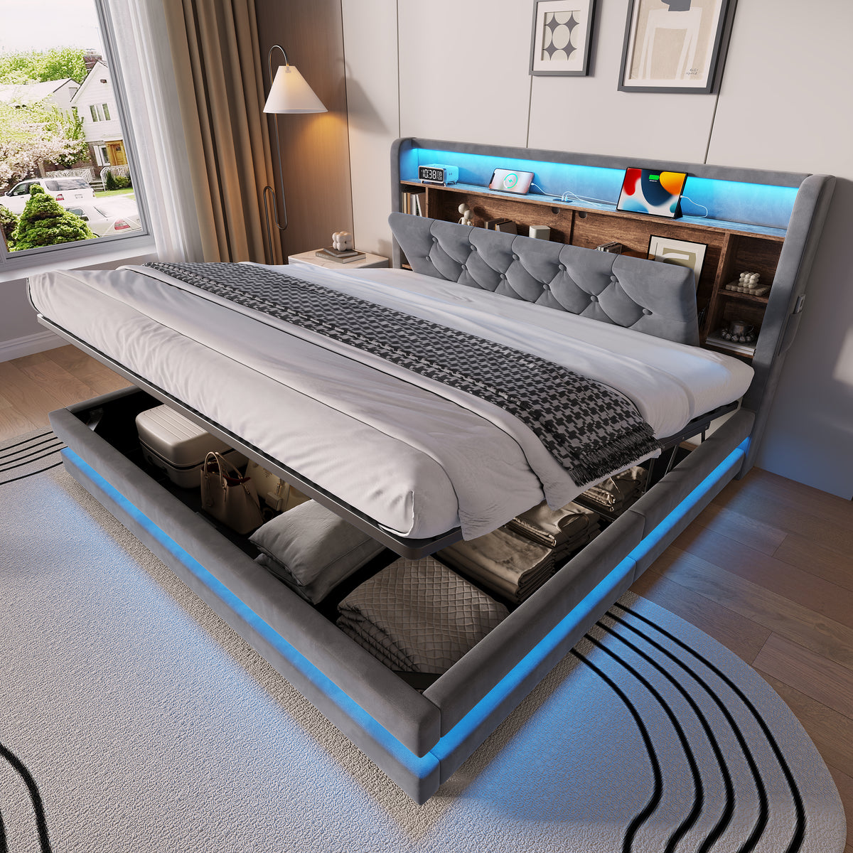 Upholstered Bed 160x200 with Storage & LED, Dark Gray Velvet