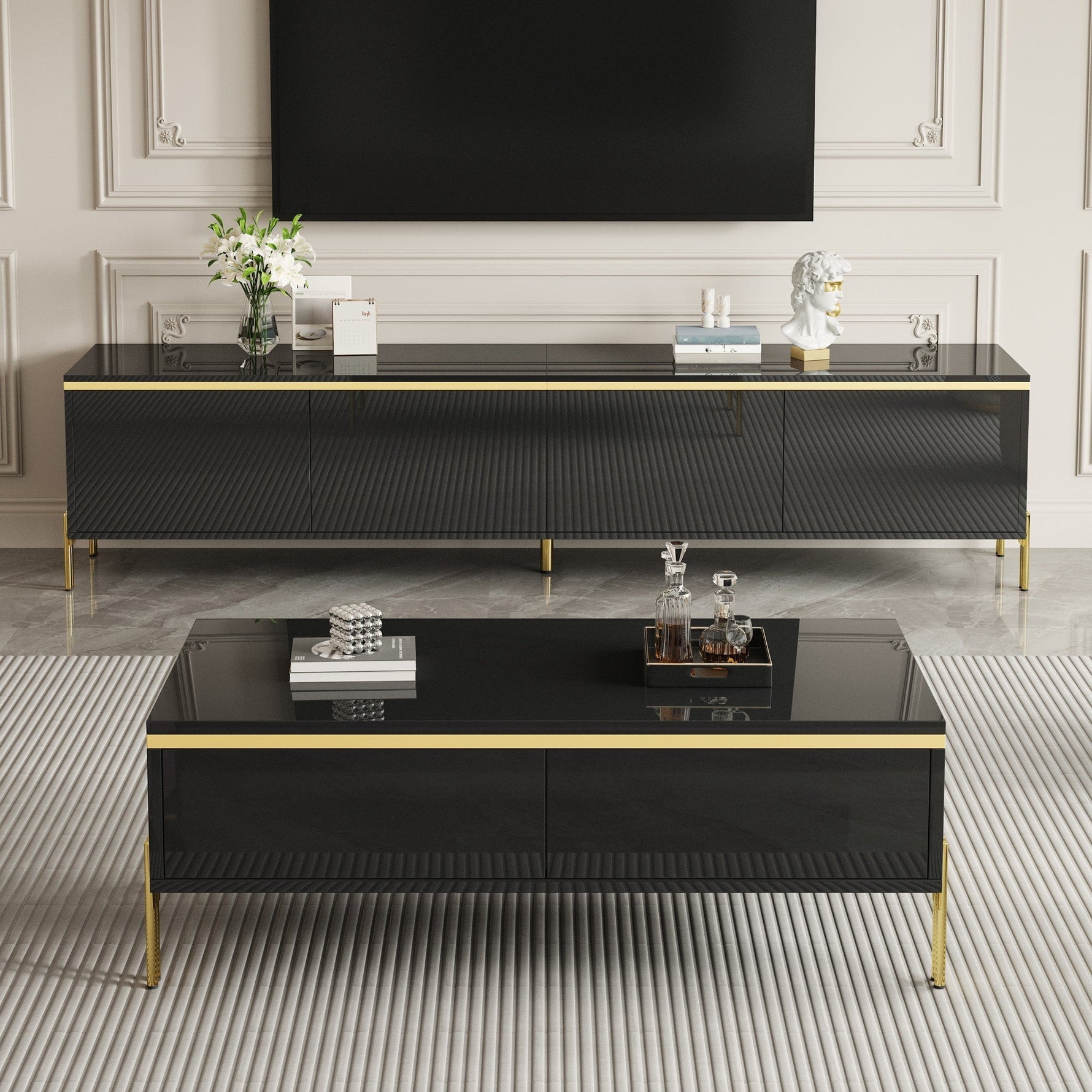Modern Luxury TV Cabinet & Coffee Table Set - High-Gloss Gold Edges Storage