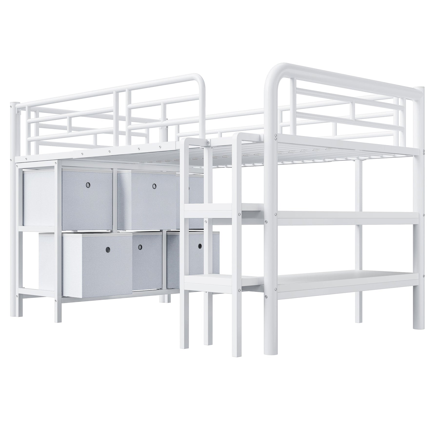 Children's Loft Bed 90x200 with Storage Stairs and Drawers, White Metal