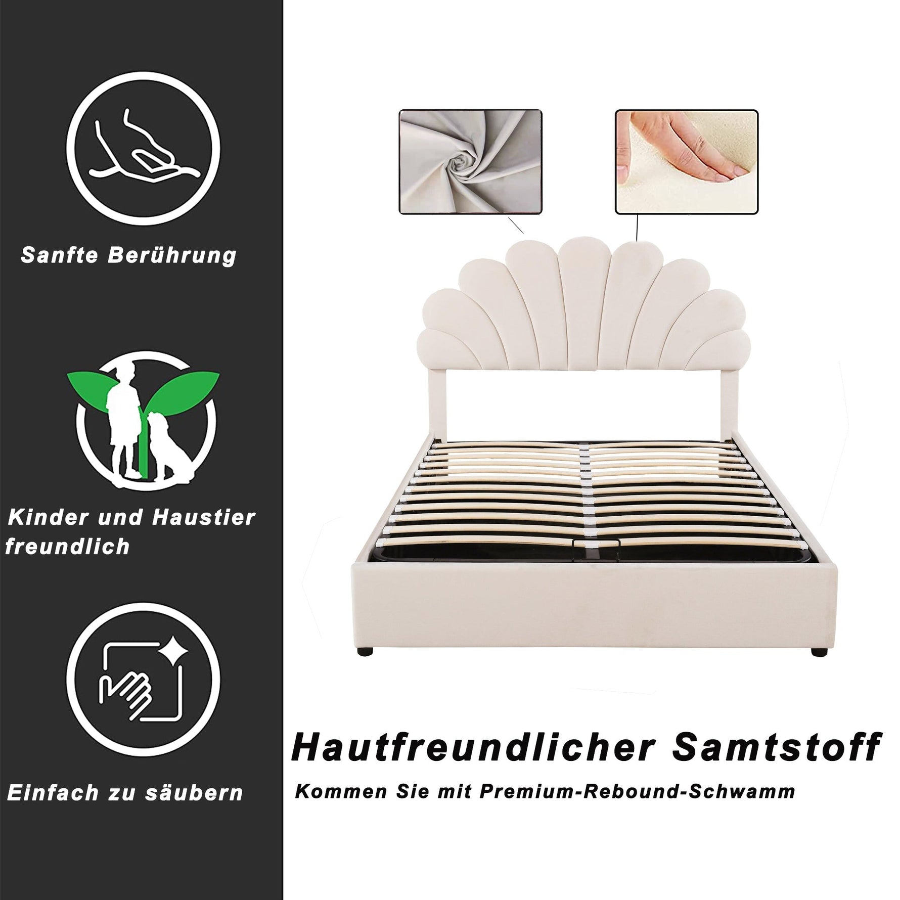 Upholstered Bed 140x200cm Floral Headboard Hydraulic Storage, Beige Velvet