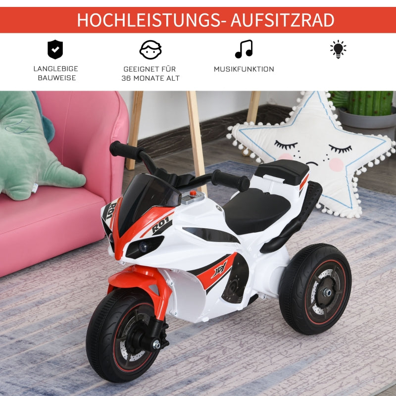 Children's motorcycle ride-on vehicle with music, stable & safe, white