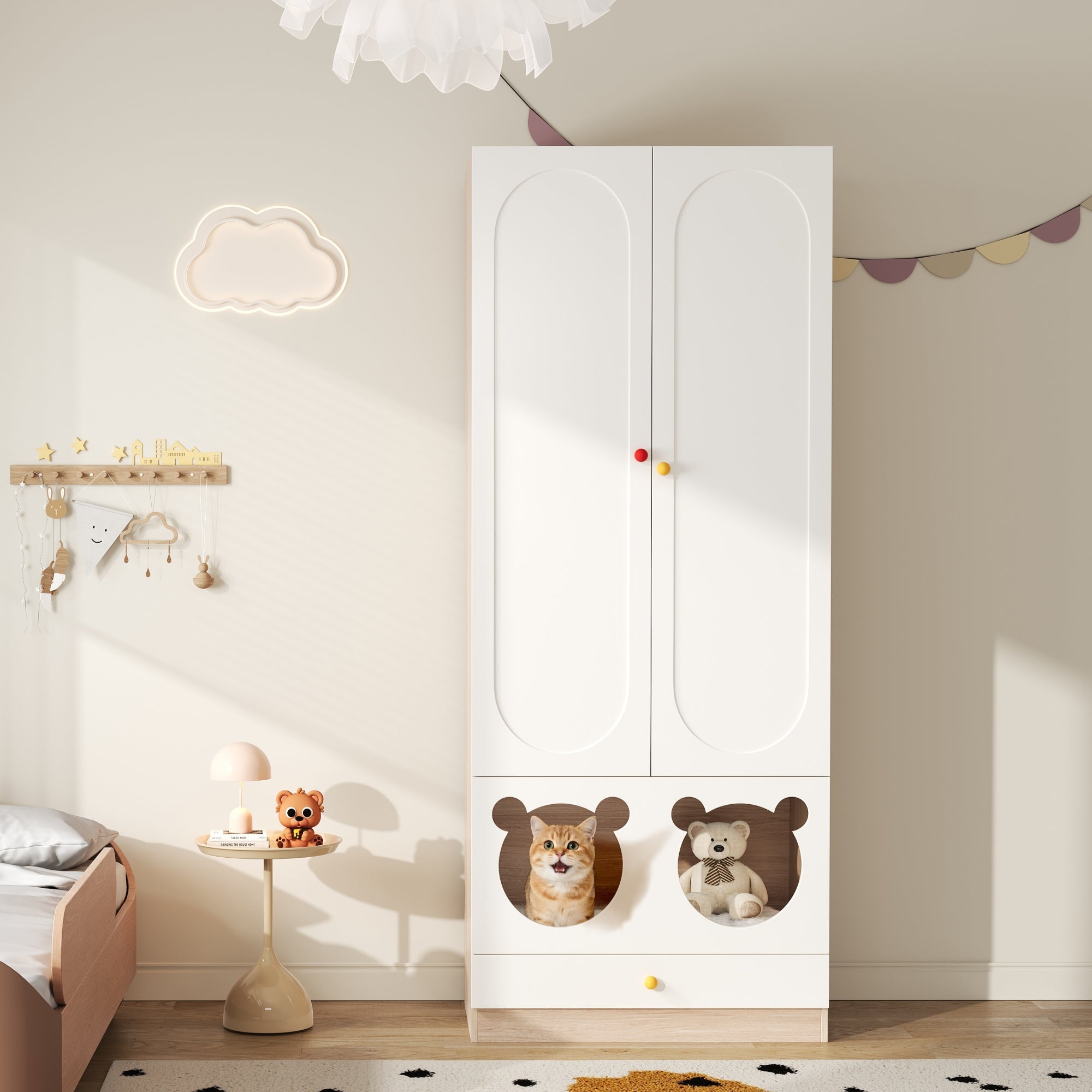 Children's Wardrobe Hanging Rail & Cat Bed 80x50x200cm White Natural Wood