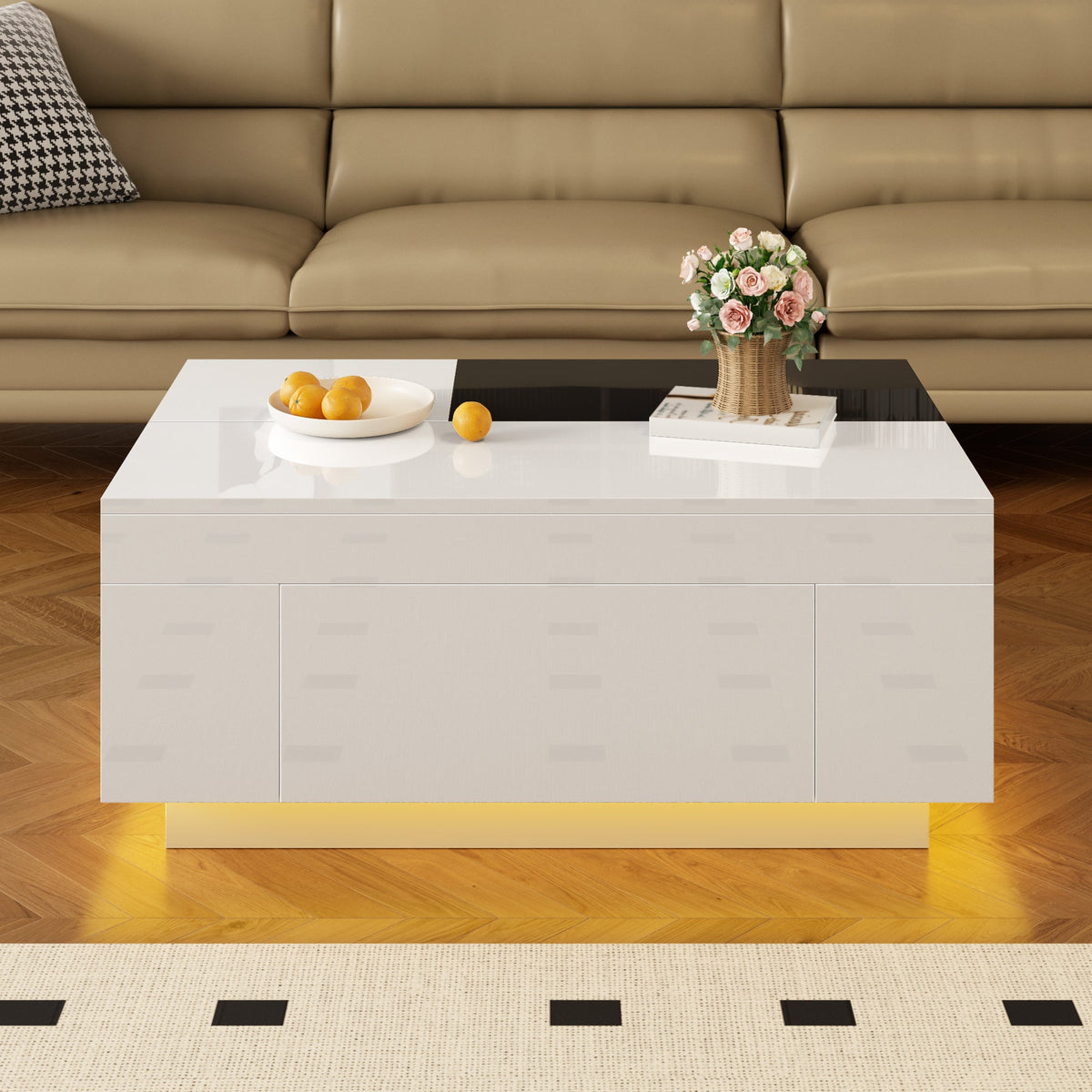 Coffee Table with LED Lighting, Extendable Tabletop, Storage - Black and White