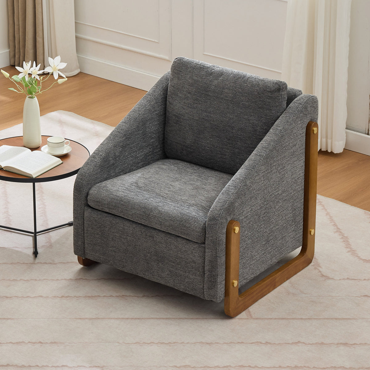 057 Armchair, Accent Lounge Chair with Wooden Armrests & Back Cushion, Grey Chenille Fabric