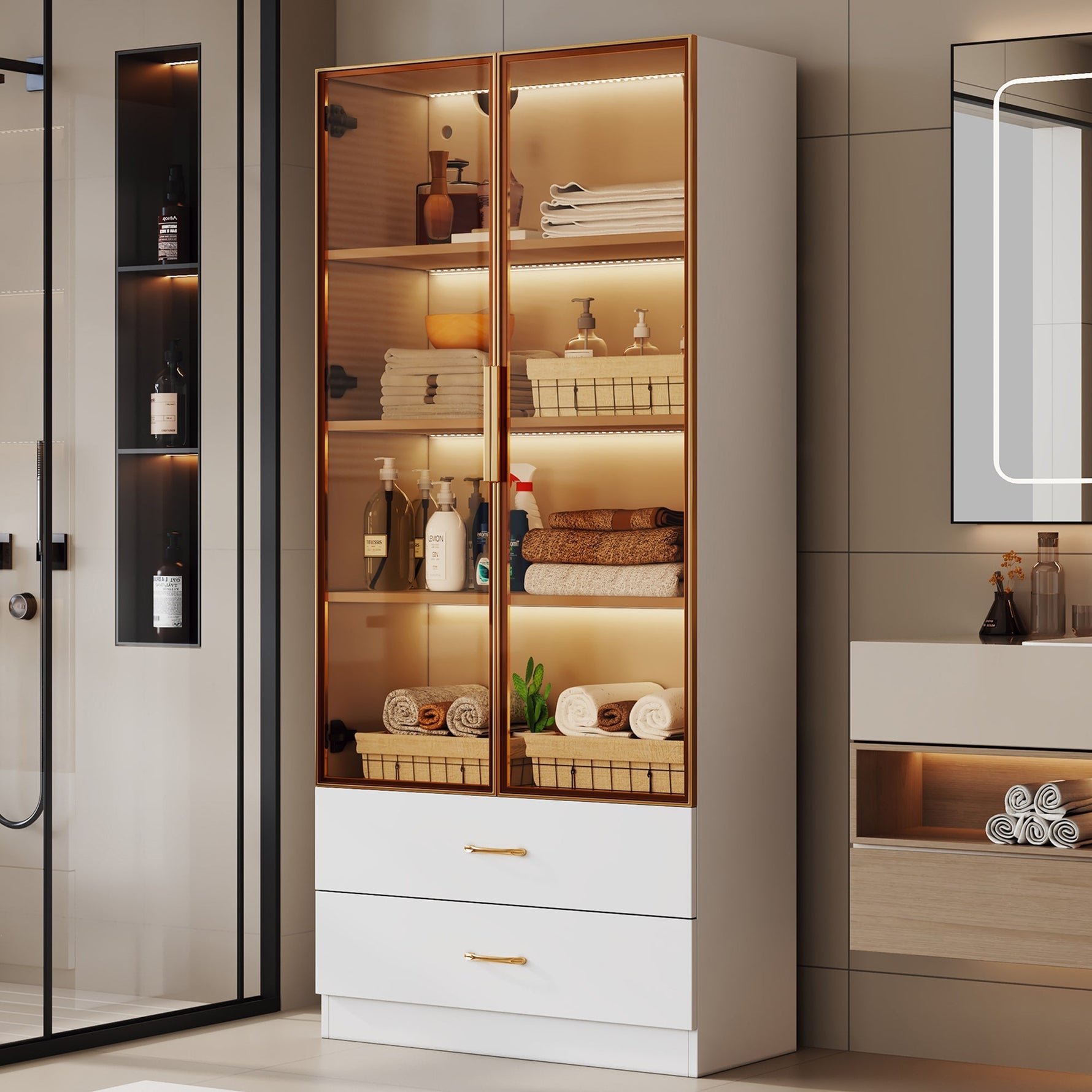 Bathroom Cabinet, 75cm, 2 Drawers & 2 Doors, Glass